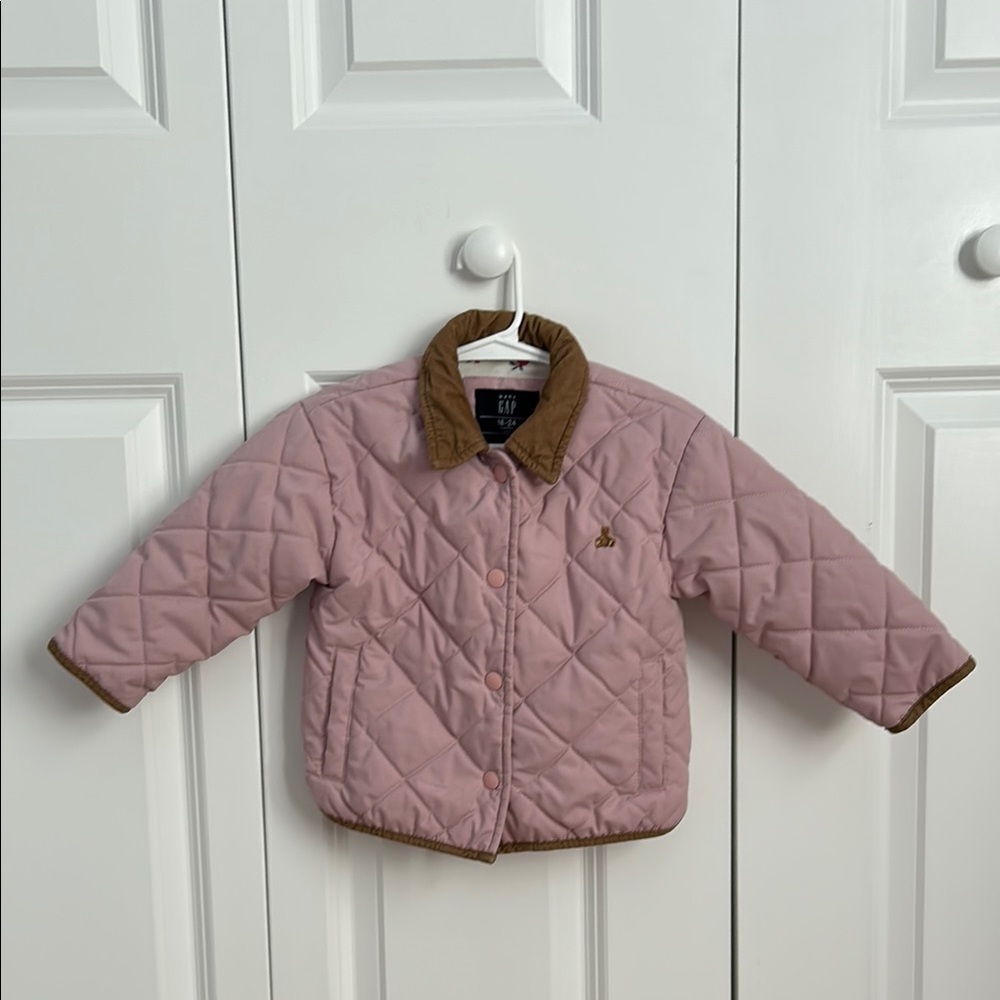 GAP Quilted Pink Kids Puffer Jacket with Brown Corduroy Trim